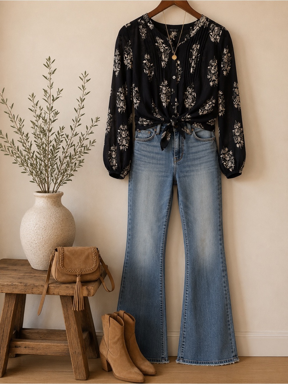 Lucky Brand Black & Ivory Floral Pintuck Tie Front Blouse | Women’s Medium